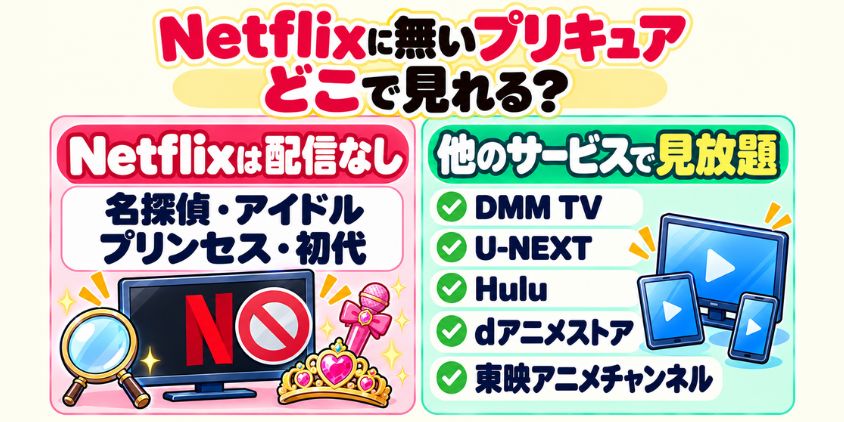 Netflixで配信されていない名探偵・アイドル・プリンセス・初代プリキュアは、DMM TV・U-NEXT・Hulu・dアニメストア・東映アニメチャンネルで見放題。