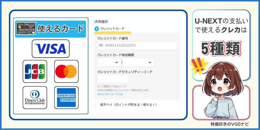 U-NEXTの支払いに使えるクレジットカードは5種類