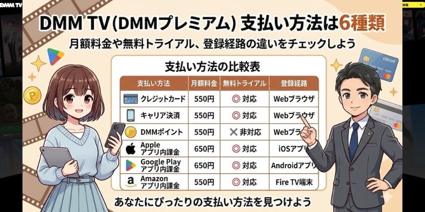 DMM TV（DMMプレミアム）の支払い方法は全部で6種類
