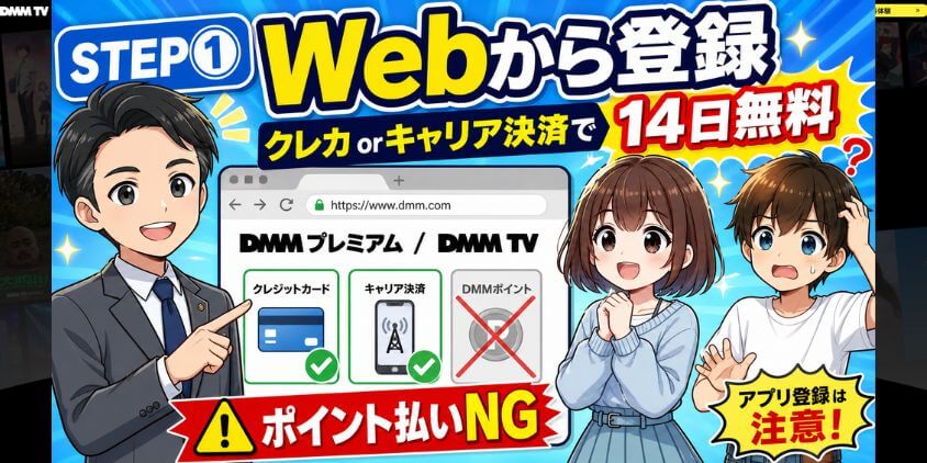STEP①：まずWebからクレカ or キャリア決済で登録（14日間無料体験を獲得）